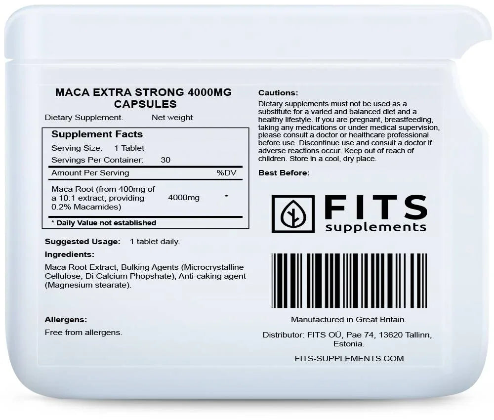 Maca Extra Strong 4000mg 30 capsules - FITS Dietary Supplements