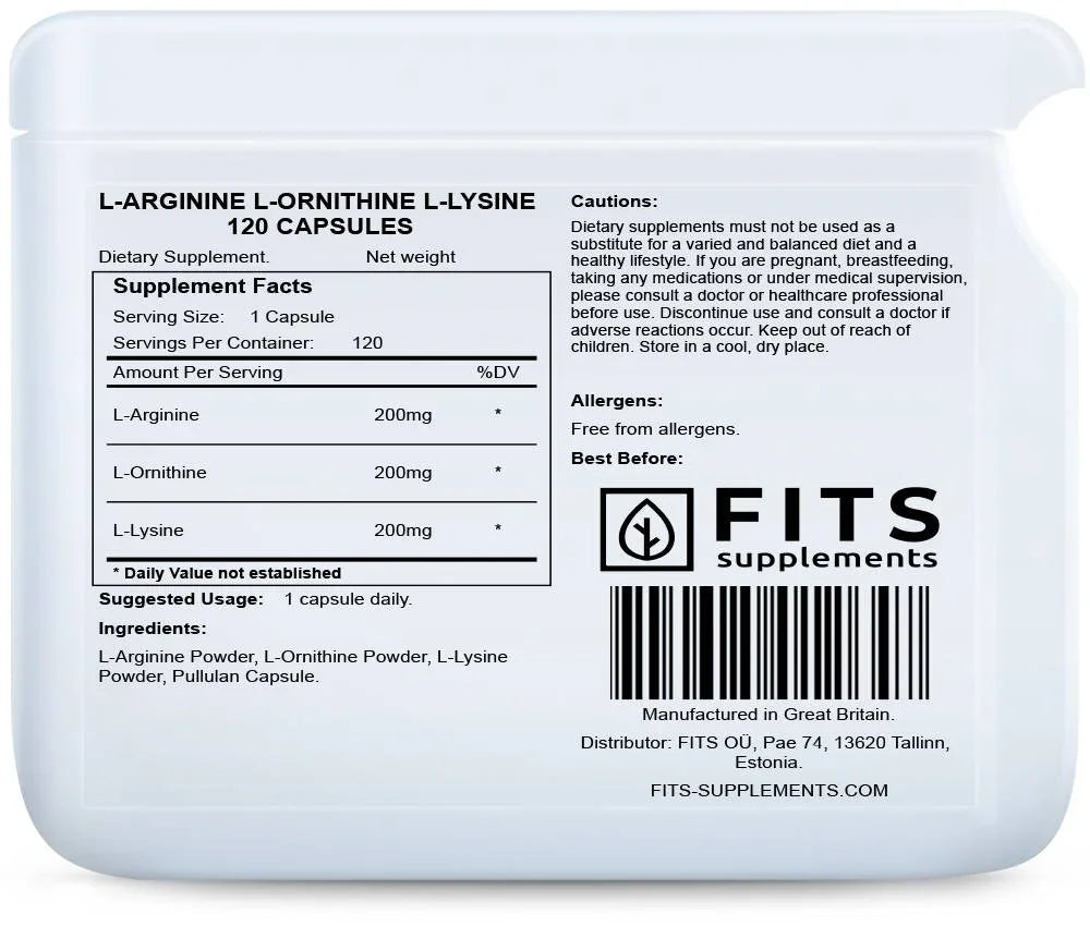 L-Arginine L-Ornithine L-Lysine 120 capsules - FITS Dietary Supplements