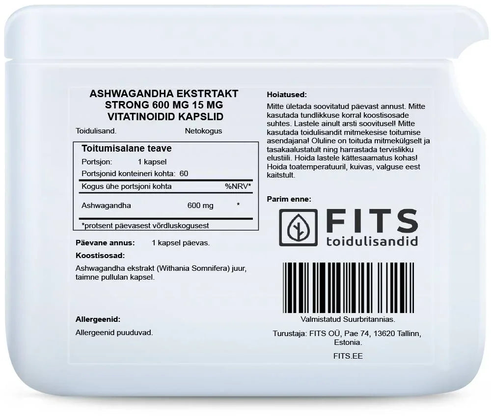 Ashwagandha Extract Strong 600mg 15mg vitatinoids 60 capsules - FITS Dietary Supplements