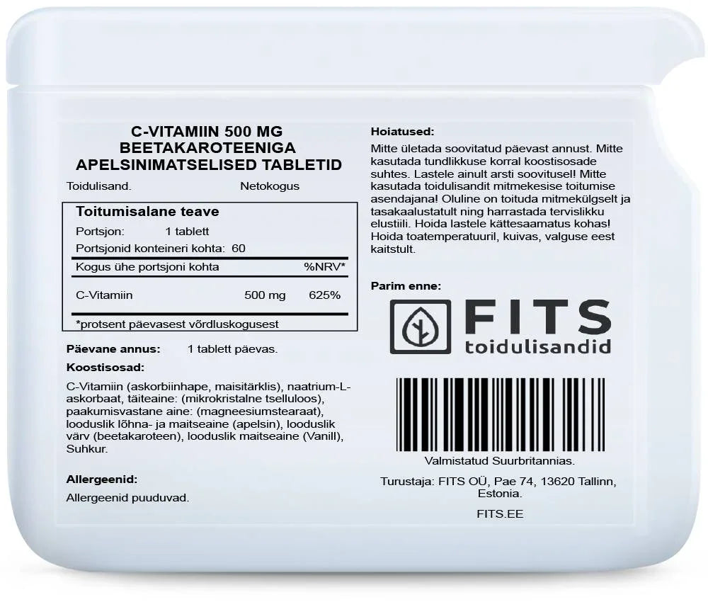 Vitamin C 500mg Orange with Betacarotene chewable 60 tablets - FITS Dietary Supplements