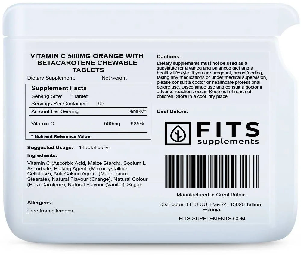 Vitamin C 500mg Orange with Betacarotene chewable 60 tablets - FITS Dietary Supplements