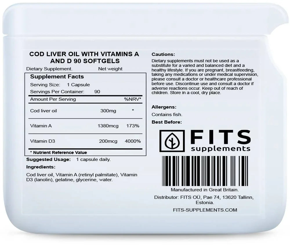 Cod Liver Oil with Vitamins A and D 90 softgels - FITS Dietary Supplements