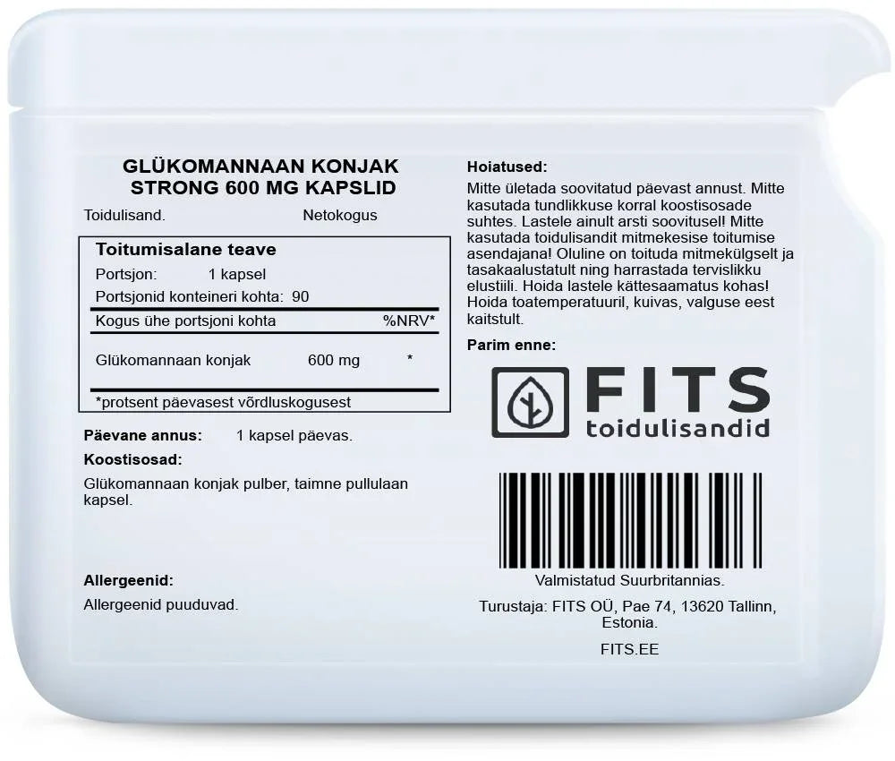 Glucomannan Konjac Strong 600mg 90 capsules - FITS Dietary Supplements