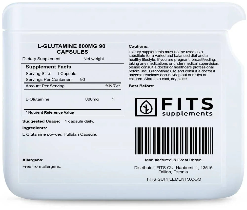 L-Glutamine 800mg 90 capsules - FITS Dietary Supplements
