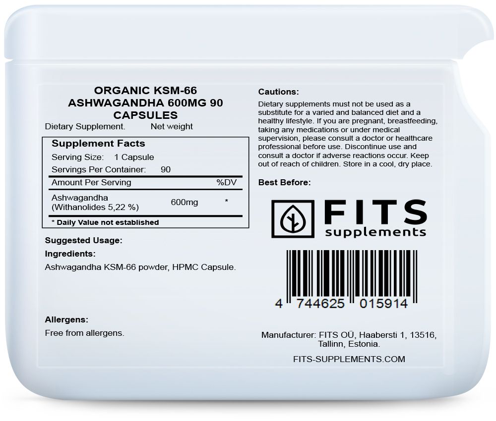Organiczna KSM-66 Ashwagandha 600mg 90 kapsułek