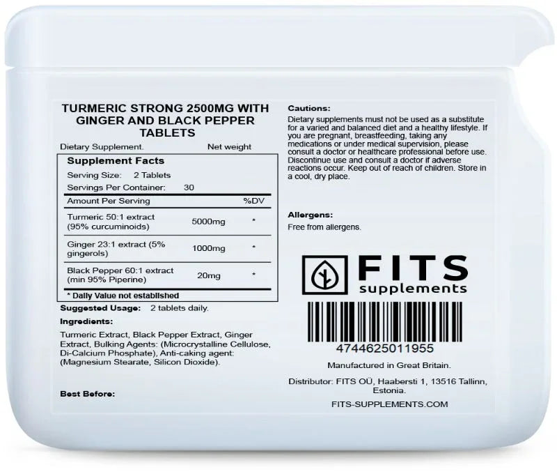 Turmeric Strong 2500mg with Ginger and Black Pepper 60 tablets - FITS Dietary Supplements